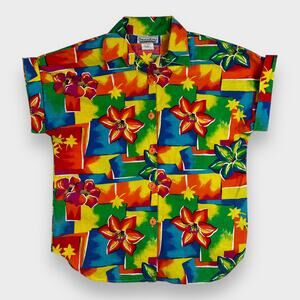 Vintage Bright Floral Shirt Size M Connections Hawaiian Short Sleeve Button Down